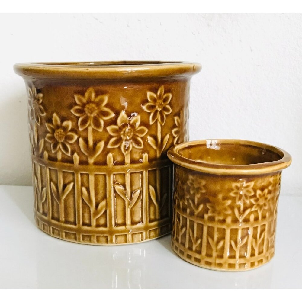 Vintage Matching Pair Ceramic Planters Picket Fence Pattern Large & Small MCM 2